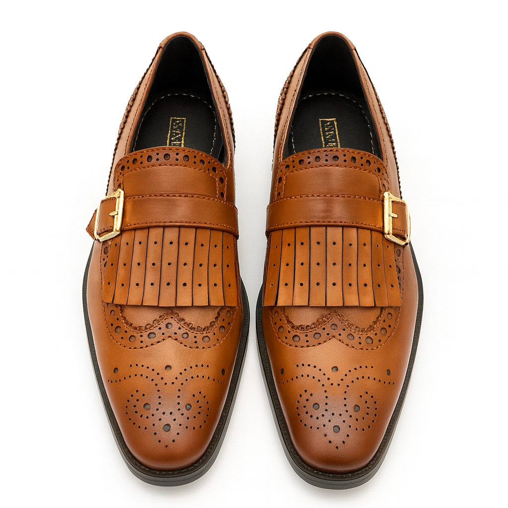 TAN SLIP-ONS WITH FRINGE