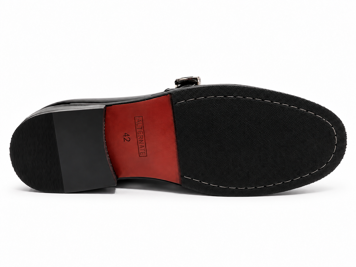 BLACK PATENT SLIPONS WITH BELT BUCKLE