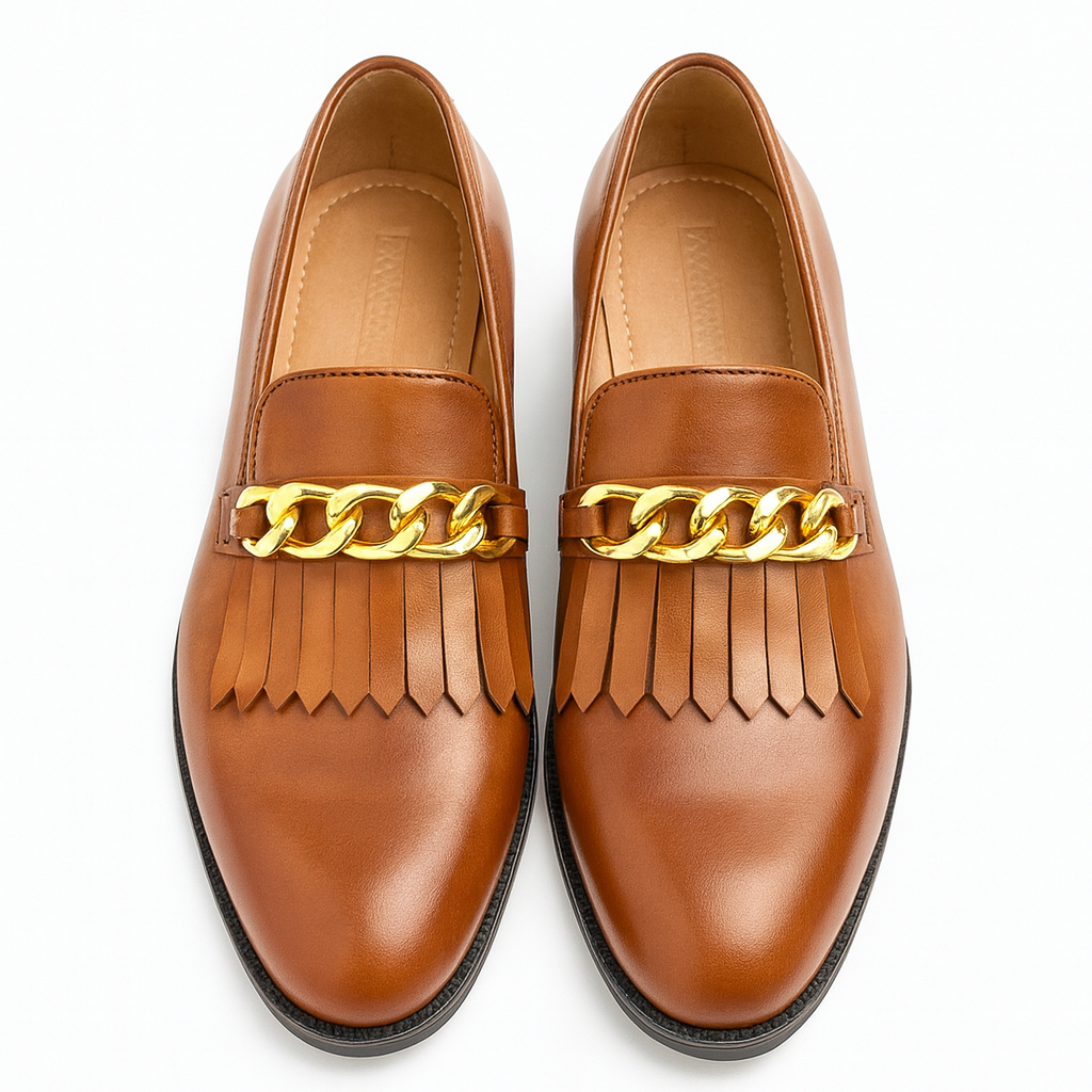 FRINGE SLIP ON WITH CHAIN DETAIL-TAN