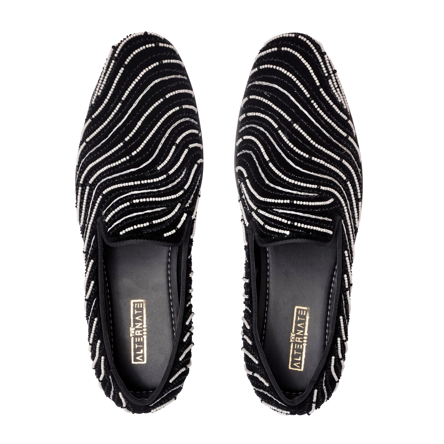 BLACK VELVET SLIP-ONS WITH WAVE EMBROIDERY