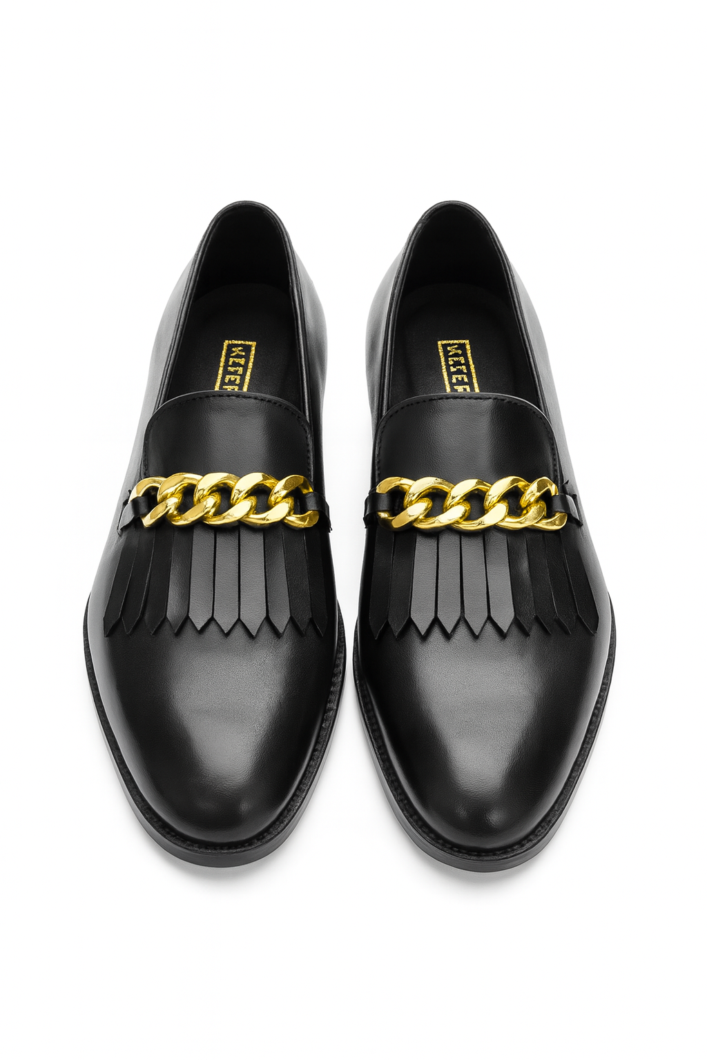 FRINGE LOAFERS WITH CHAIN DETAIL-BLACK