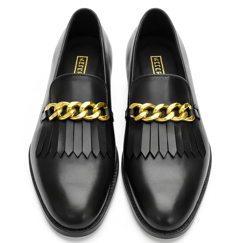 FRINGE LOAFERS WITH CHAIN DETAIL-BLACK