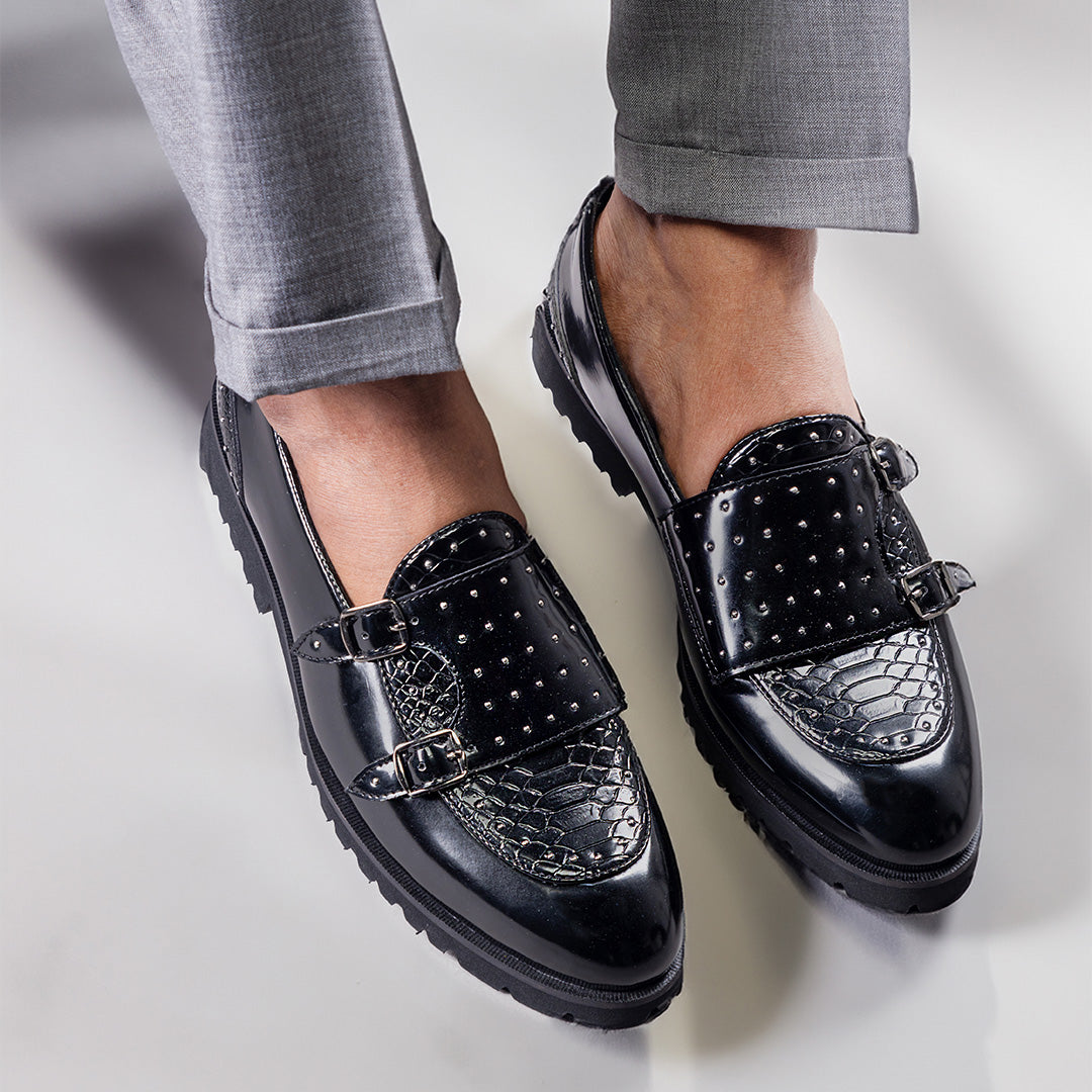 Slip On Black Studded Dress Shoes Monk Strap Slip-ons With Studs