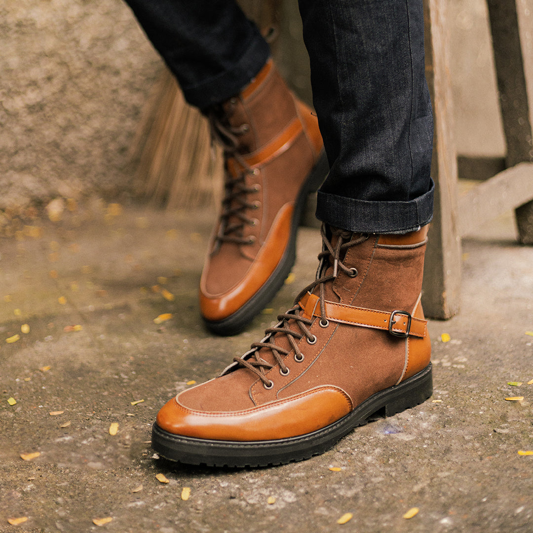 MENS TAN LACE BOOTS WITH STRAP -VEGAN - Main Image