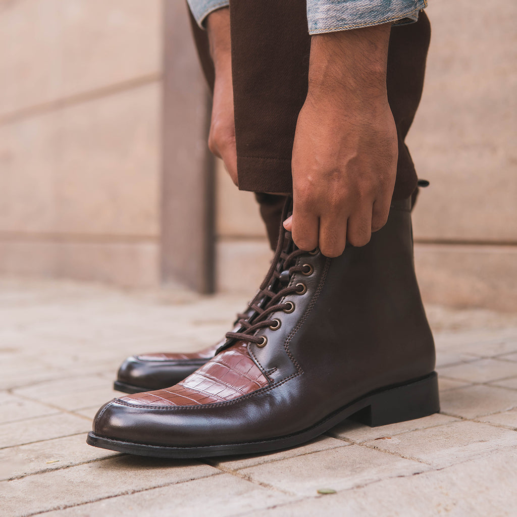 LACE BOOTS WITH CROCO DETAIL-MENS CASUAL BOOTS