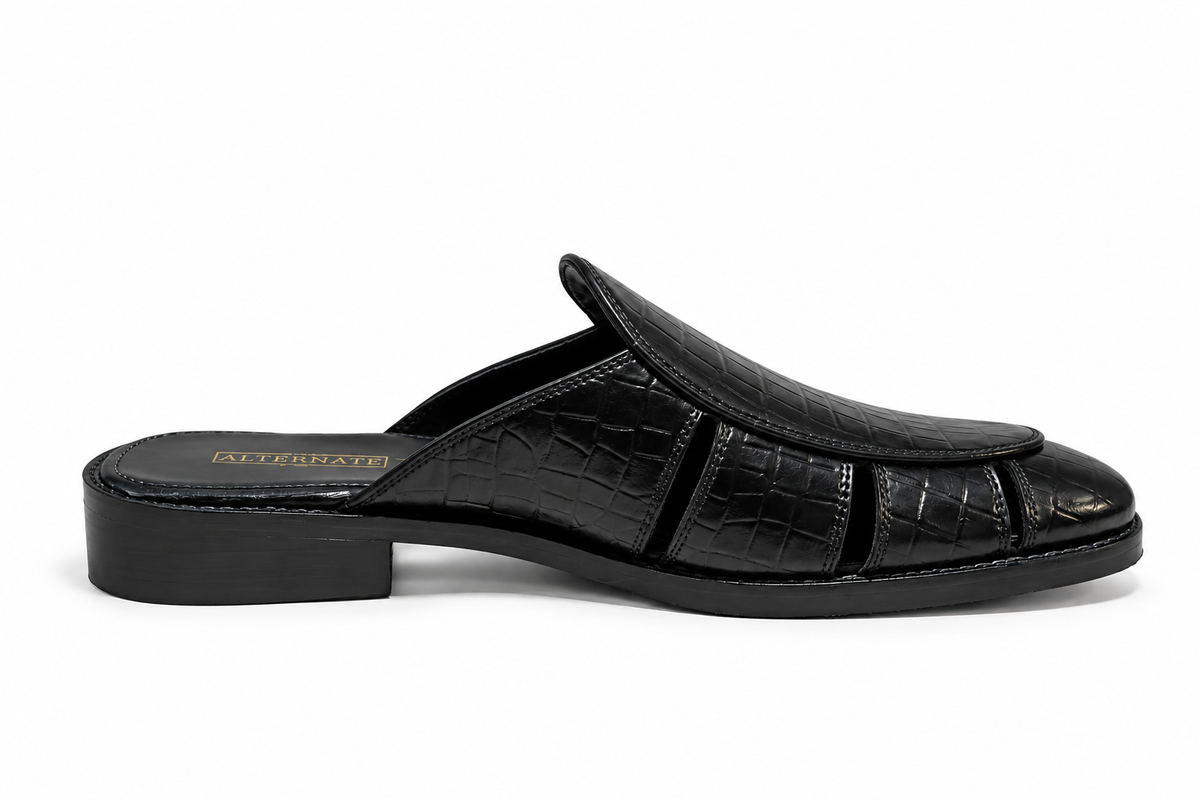 BLACK CROCO MULES