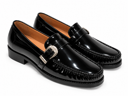 BLACK PATENT SLIPONS WITH BELT BUCKLE