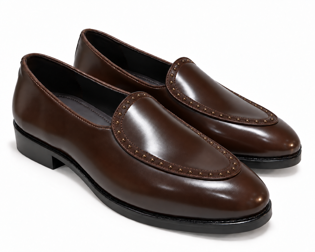 BROWN ETHNIC LOAFERS WITH GOLDEN RIVETS