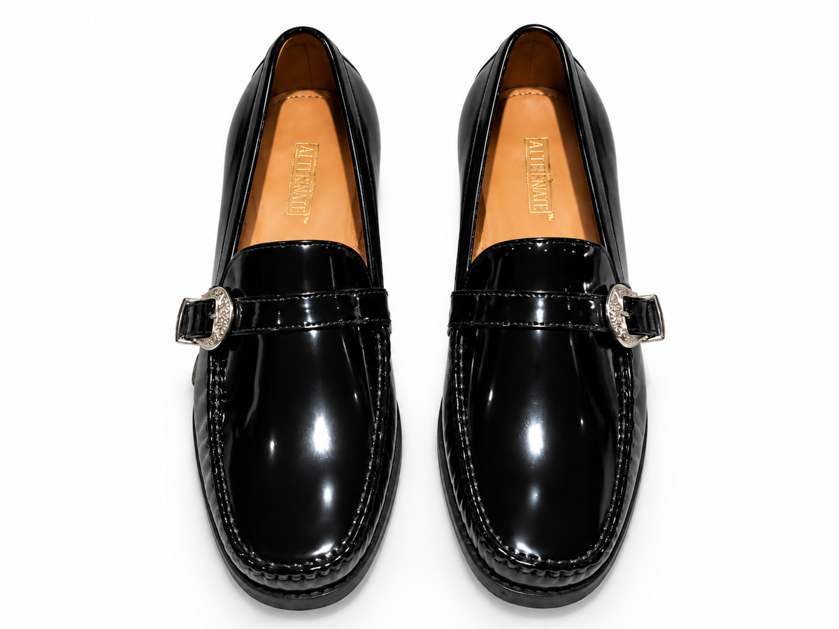 BLACK PATENT SLIPONS WITH BELT BUCKLE