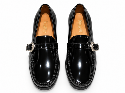 BLACK PATENT SLIPONS WITH BELT BUCKLE