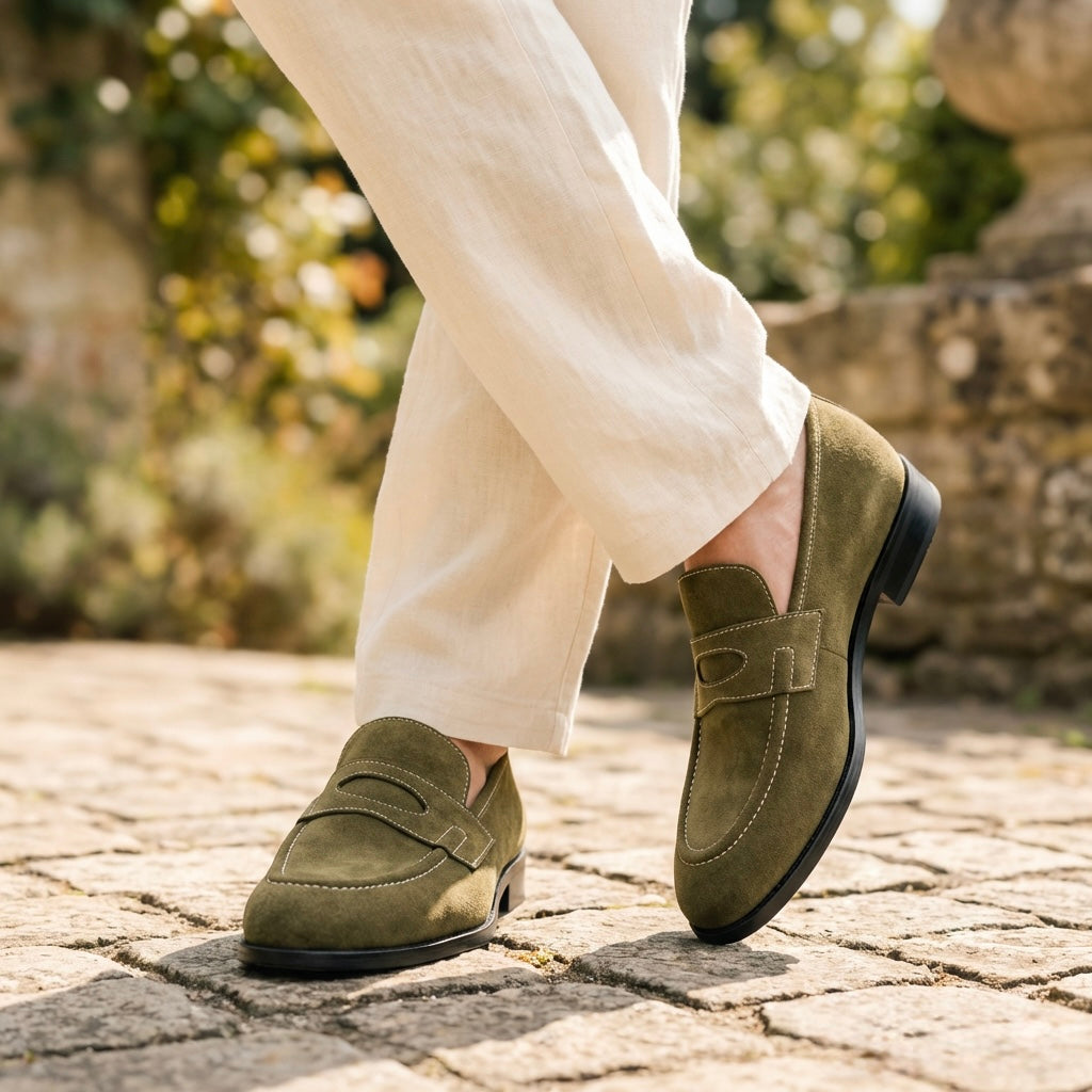 Suede Slip-Ons with Contrast Stitching - OLIVE