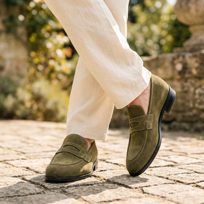 Suede Slip-Ons with Contrast Stitching - OLIVE