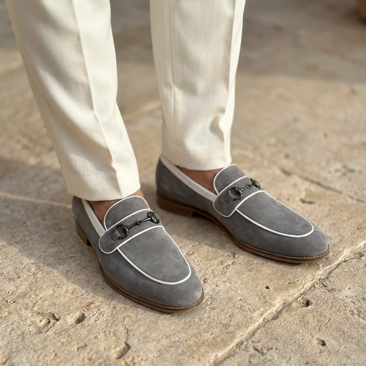 SUEDE SLIP-ONS WITH PIPING DETAIL-GREY