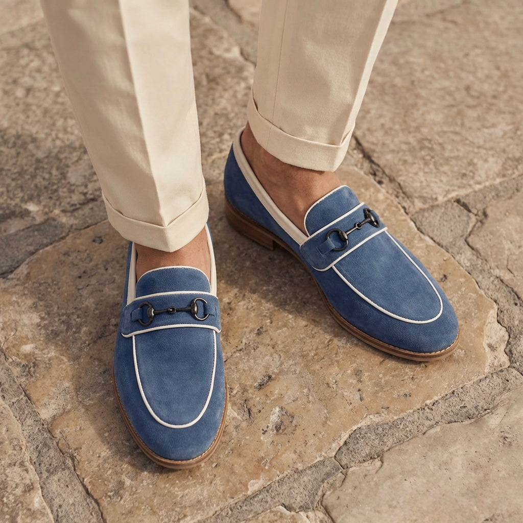 SUEDE SLIP-ONS WITH PIPING DETAIL - BLUE