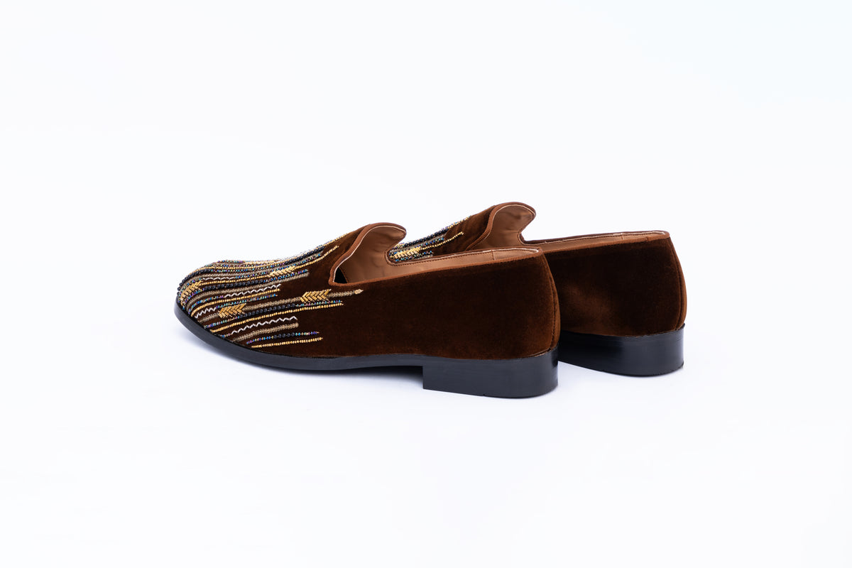 ASYMMETRIC EMBROIDERY SLIP-ONS-BROWN