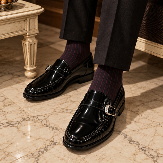 BLACK PATENT SLIPONS WITH BELT BUCKLE