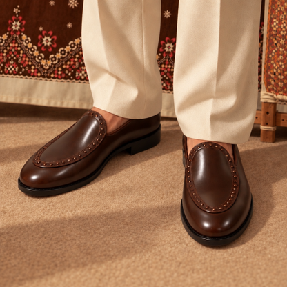 BROWN ETHNIC LOAFERS WITH GOLDEN RIVETS