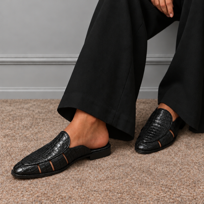 BLACK CROCO MULES