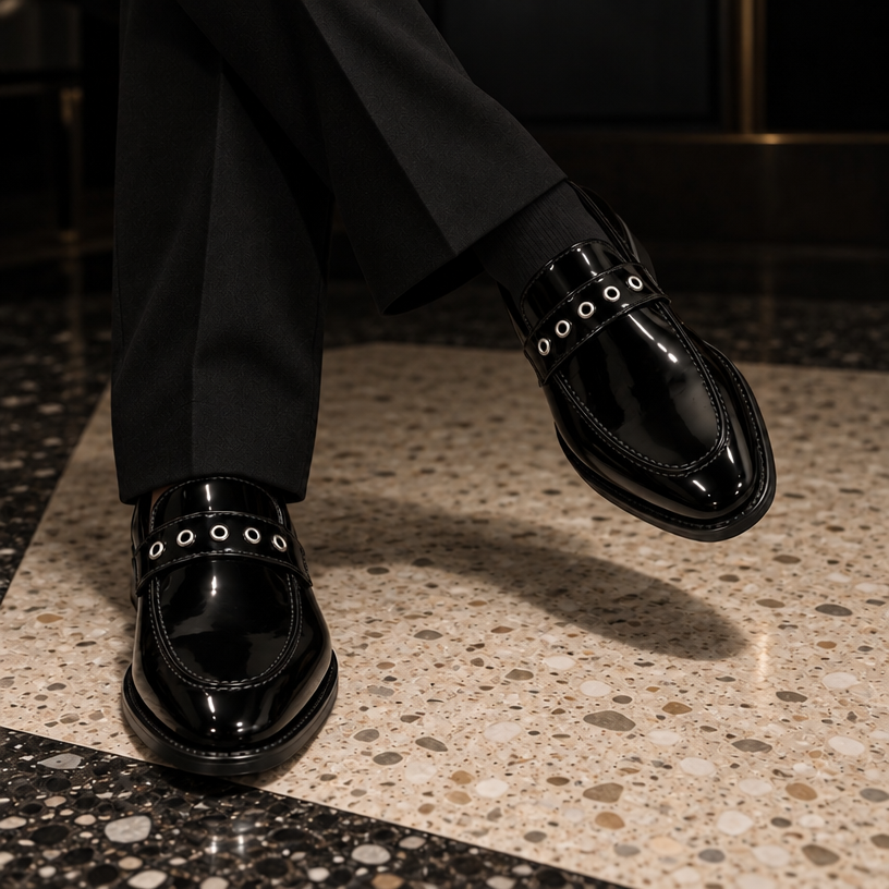 BLACK PATENT SLIP-ONS WITH RIVETS