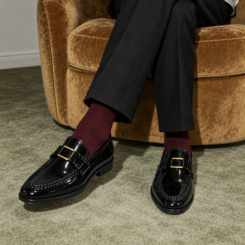 BLACK PATENT LOAFERS WITH METAL ACCCESSORY