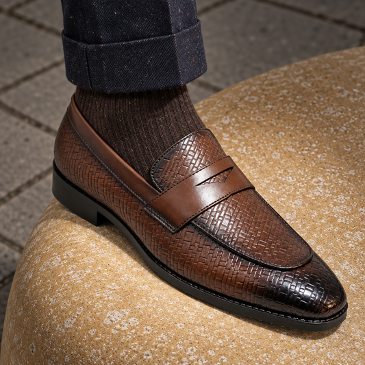 PLATED SLIP-ONS IN PENNY STRAP-BROWN