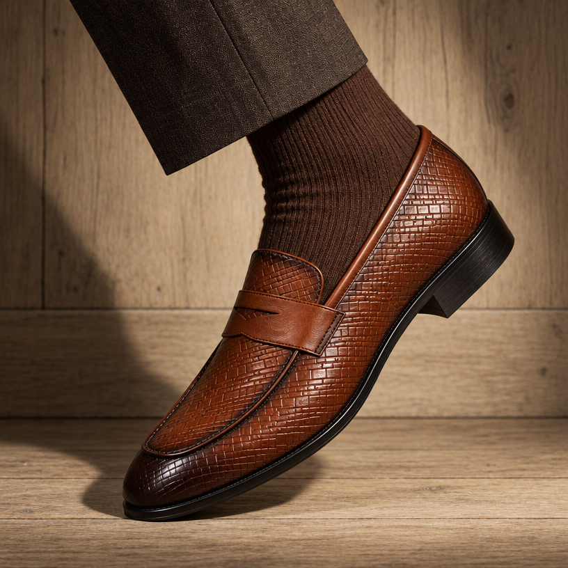 PLATED SLIP-ONS WITH PENNY STRAP-TAN