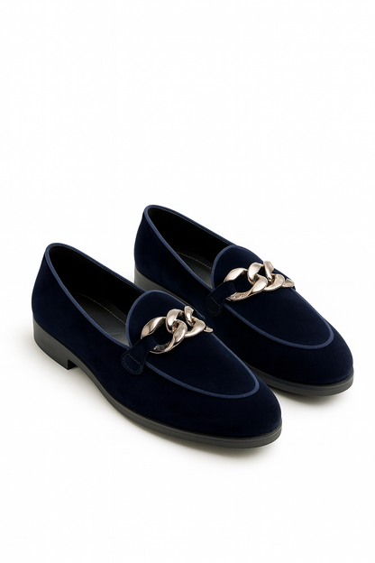 MIDNIGHT NAVY VELVET SLIP-ONS WITH CHAIN