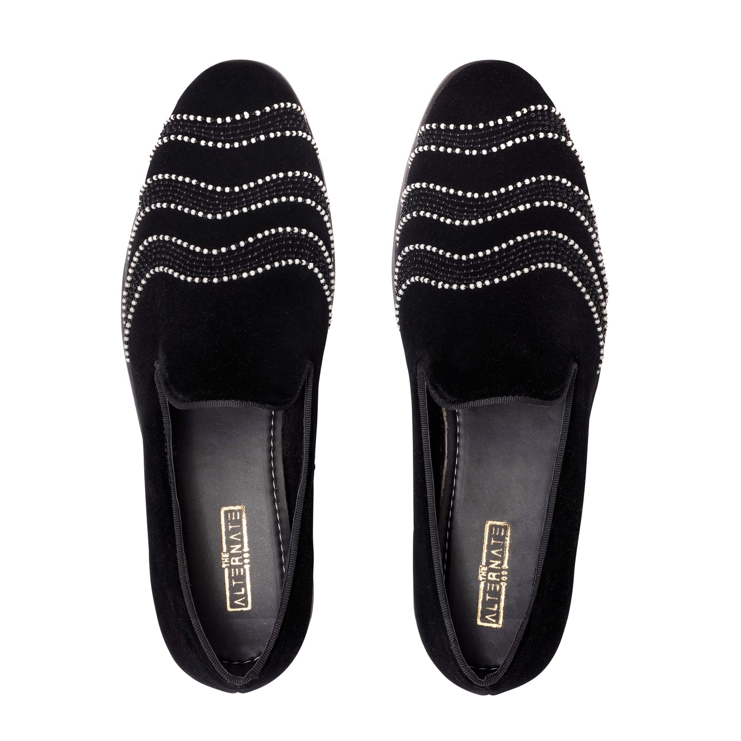 BLACK VELVET SLIP-ONS WITH FLOWY EMBROIDERY