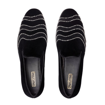 BLACK VELVET SLIP-ONS WITH FLOWY EMBROIDERY