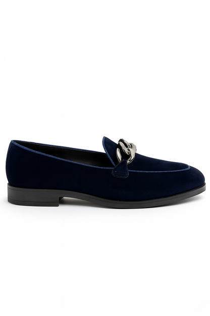 MIDNIGHT NAVY VELVET SLIP-ONS WITH CHAIN