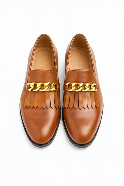 FRINGE SLIP ON WITH CHAIN DETAIL-TAN