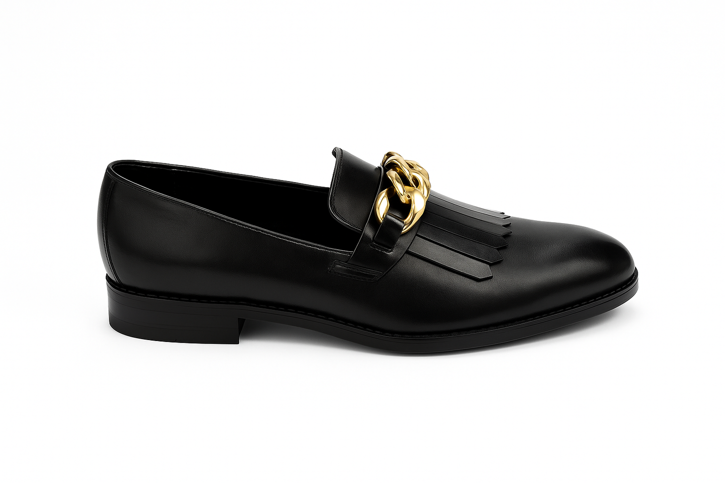 FRINGE LOAFERS WITH CHAIN DETAIL-BLACK