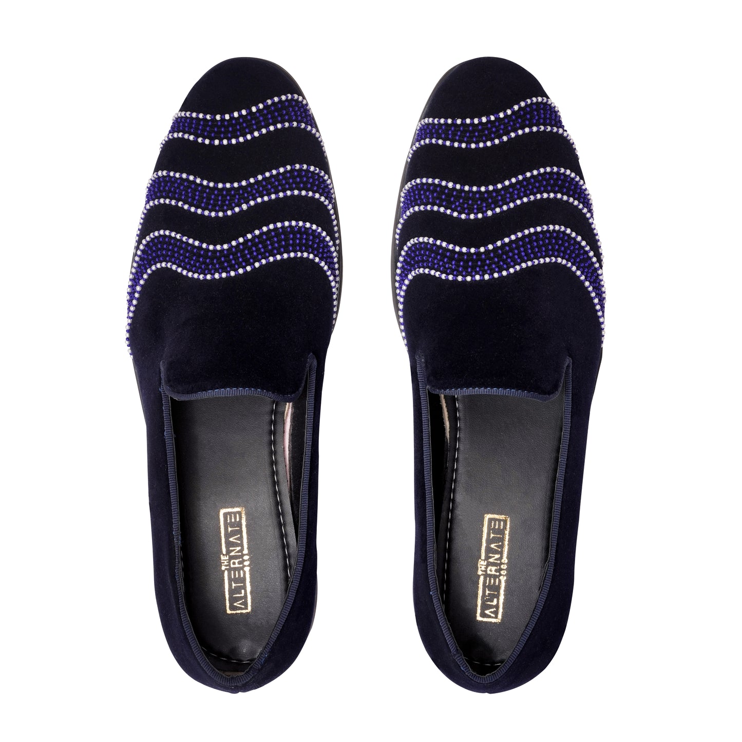 BLUE VELVET SLIP-ONS WITH FLOWY EMBROIDERY