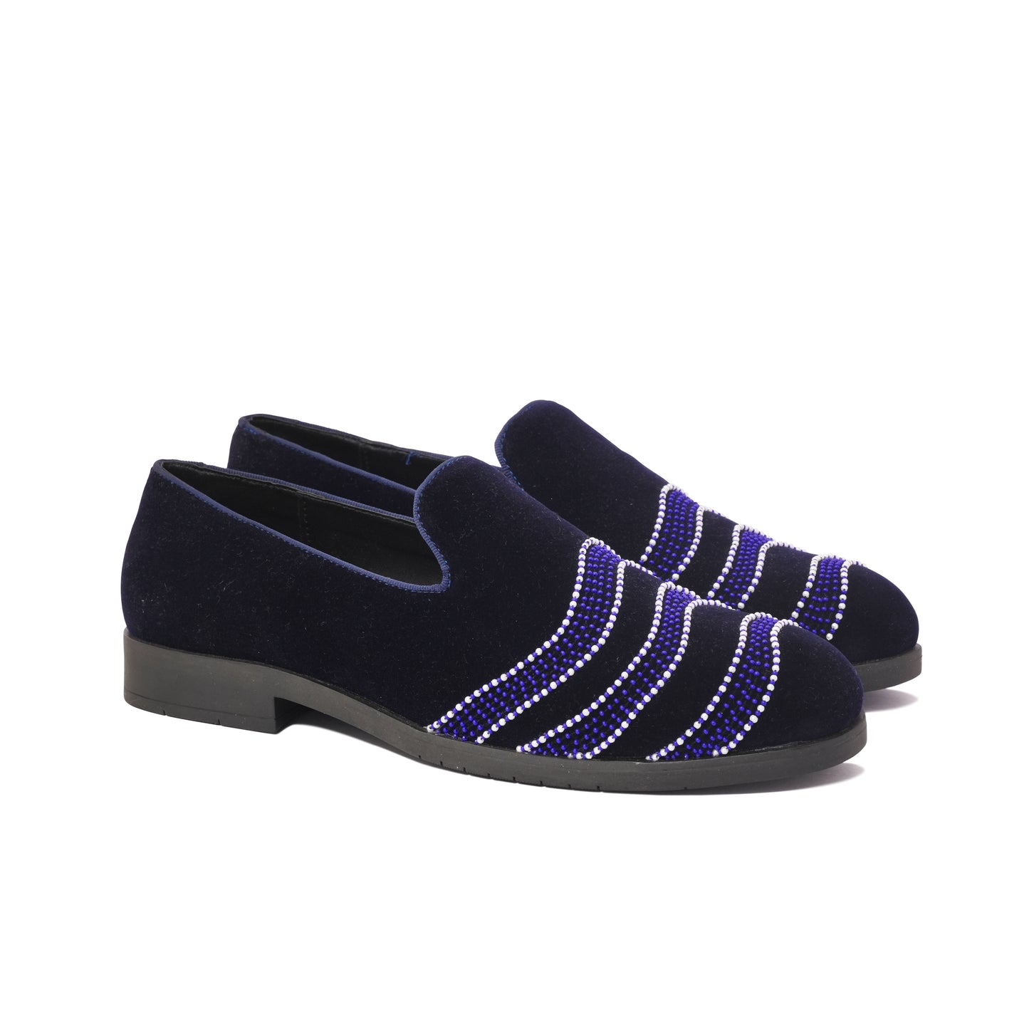 BLUE VELVET SLIP-ONS WITH FLOWY EMBROIDERY