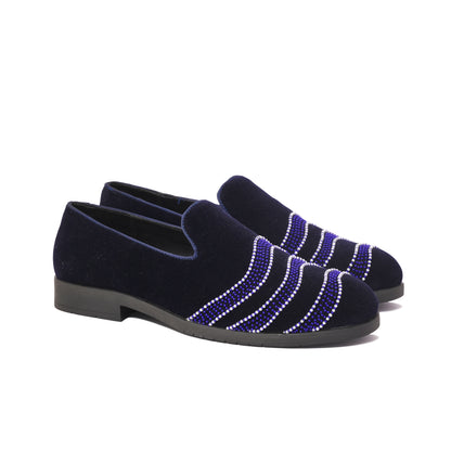 BLUE VELVET SLIP-ONS WITH FLOWY EMBROIDERY