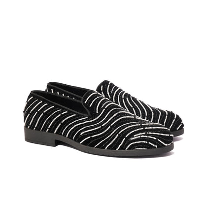 BLACK VELVET SLIP-ONS WITH WAVE EMBROIDERY