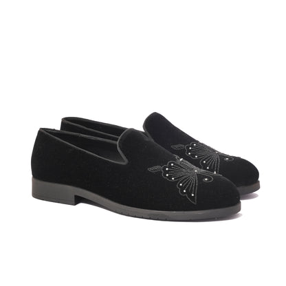 BUTTERFLY EMBROIDERY SLIP-ONS-BLACK