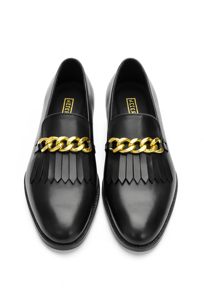 FRINGE LOAFERS WITH CHAIN DETAIL-BLACK