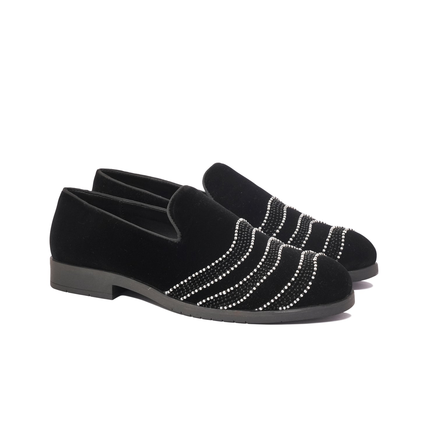 BLACK VELVET SLIP-ONS WITH FLOWY EMBROIDERY