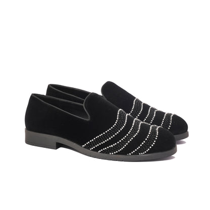 BLACK VELVET SLIP-ONS WITH FLOWY EMBROIDERY