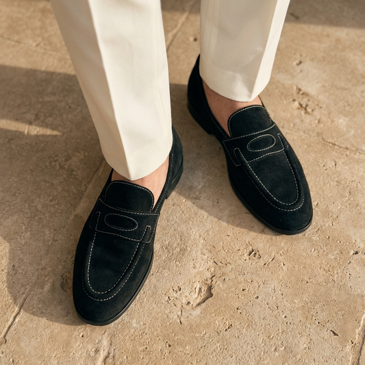 Suede Slip-Ons with Contrast Stitching-black