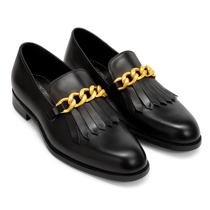FRINGE LOAFERS WITH CHAIN DETAIL-BLACK