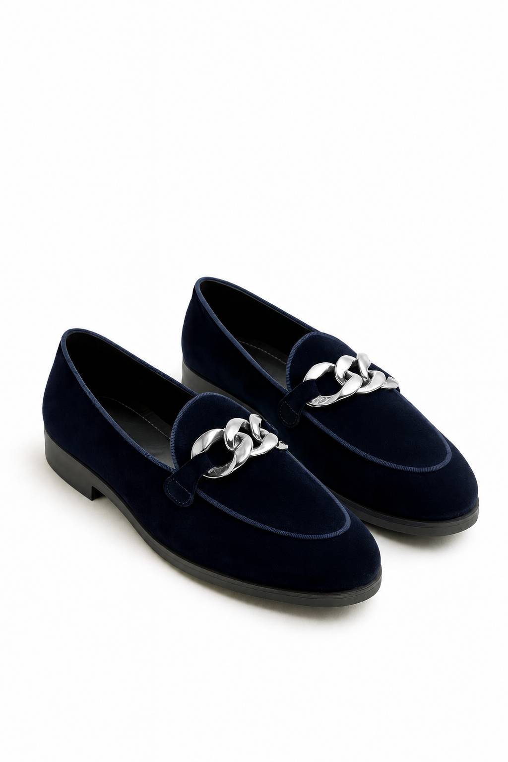 MIDNIGHT NAVY VELVET SLIP-ONS WITH CHAIN