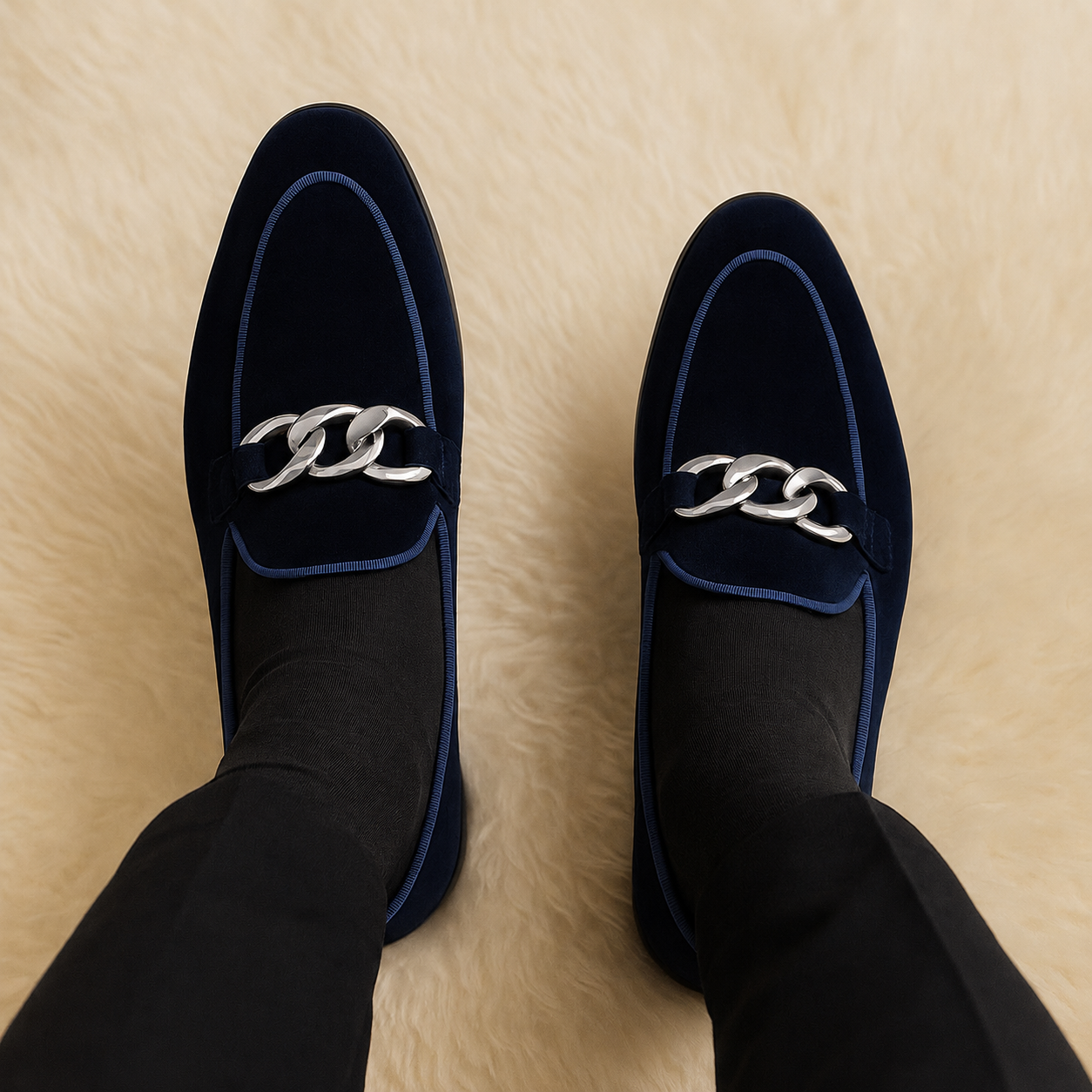 MIDNIGHT NAVY VELVET SLIP-ONS WITH CHAIN