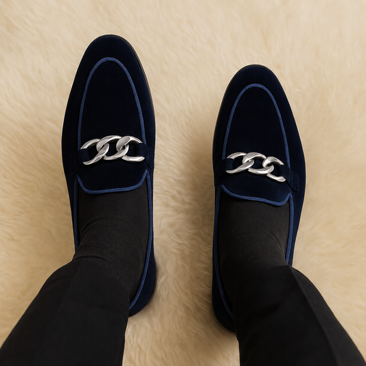 MIDNIGHT NAVY VELVET SLIP-ONS WITH CHAIN