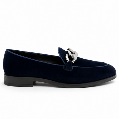 MIDNIGHT NAVY VELVET SLIP-ONS WITH CHAIN