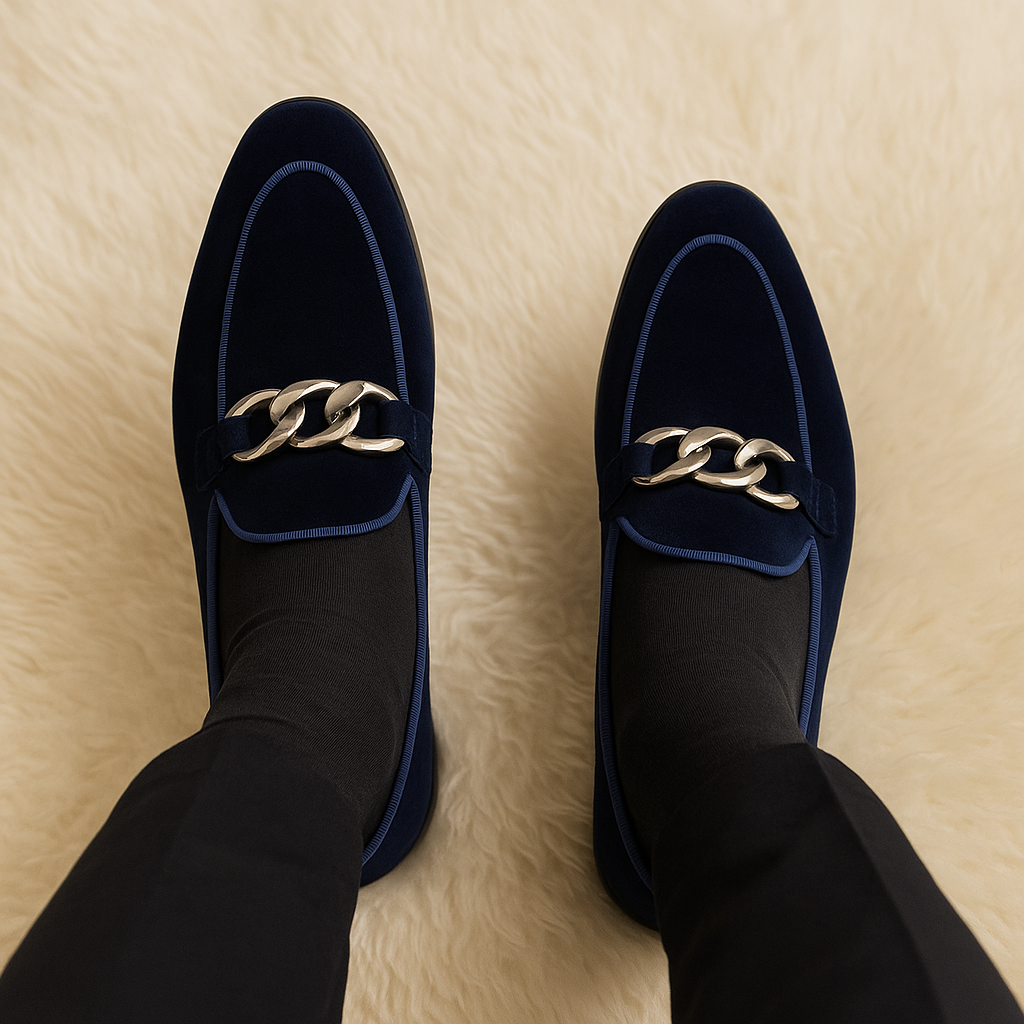 MIDNIGHT NAVY VELVET SLIP-ONS WITH CHAIN