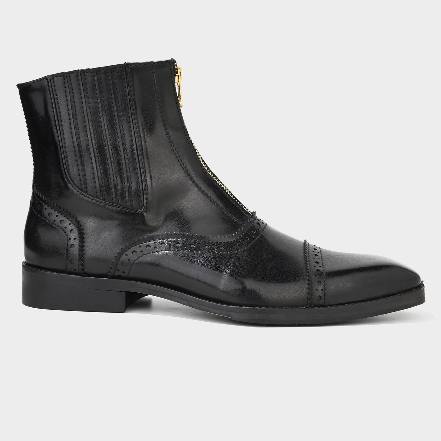 ZIPPER BOOTS WITH BROGUE DETAIL - BLACK