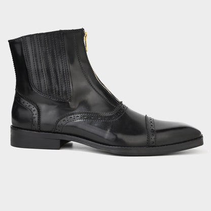 ZIPPER BOOTS WITH BROGUE DETAIL - BLACK