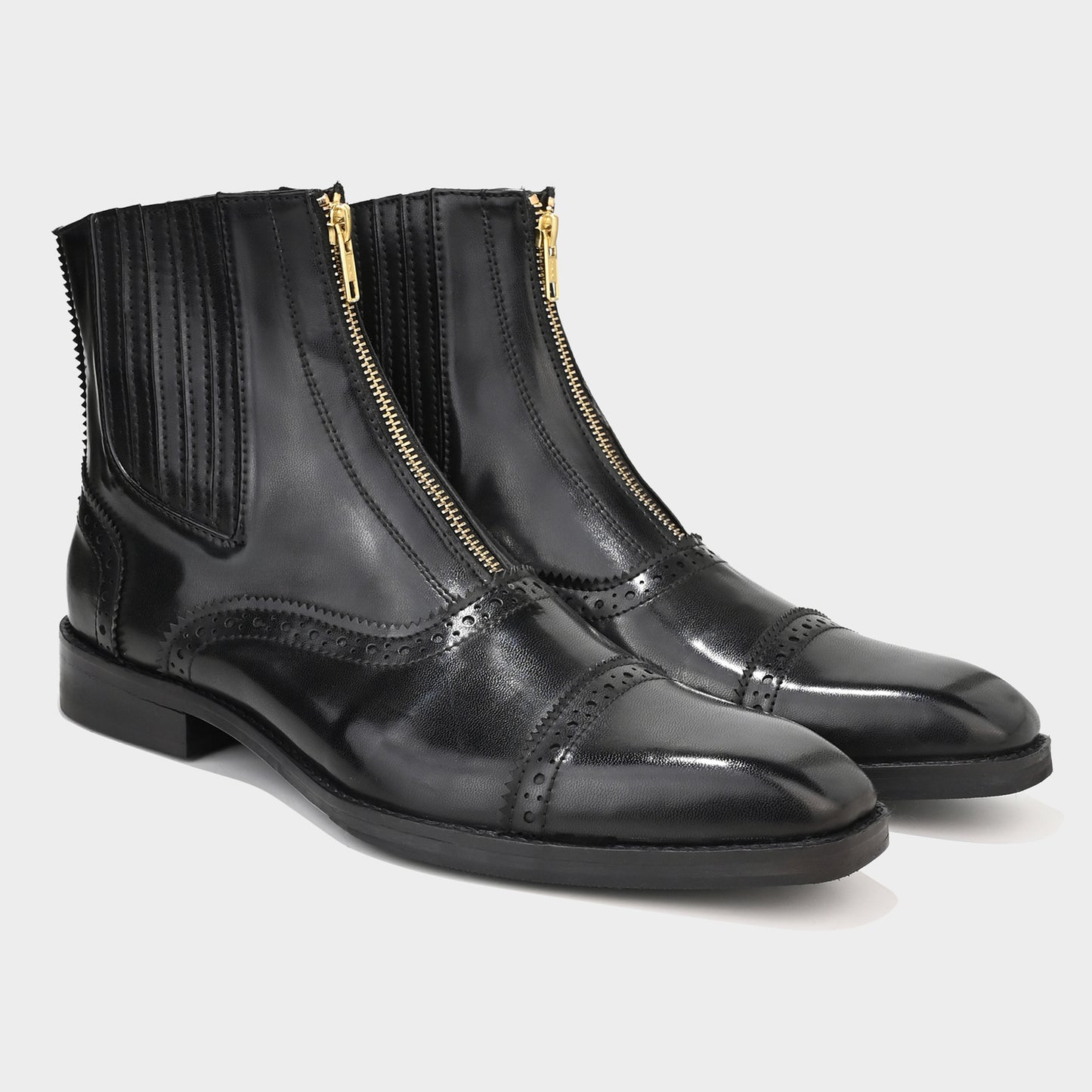 ZIPPER BOOTS WITH BROGUE DETAIL - BLACK